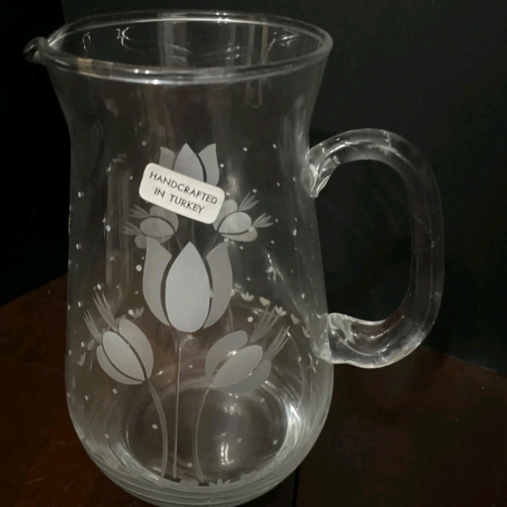 Vintage Tulips Etched Clear Glass Pitcher Made In Turkey